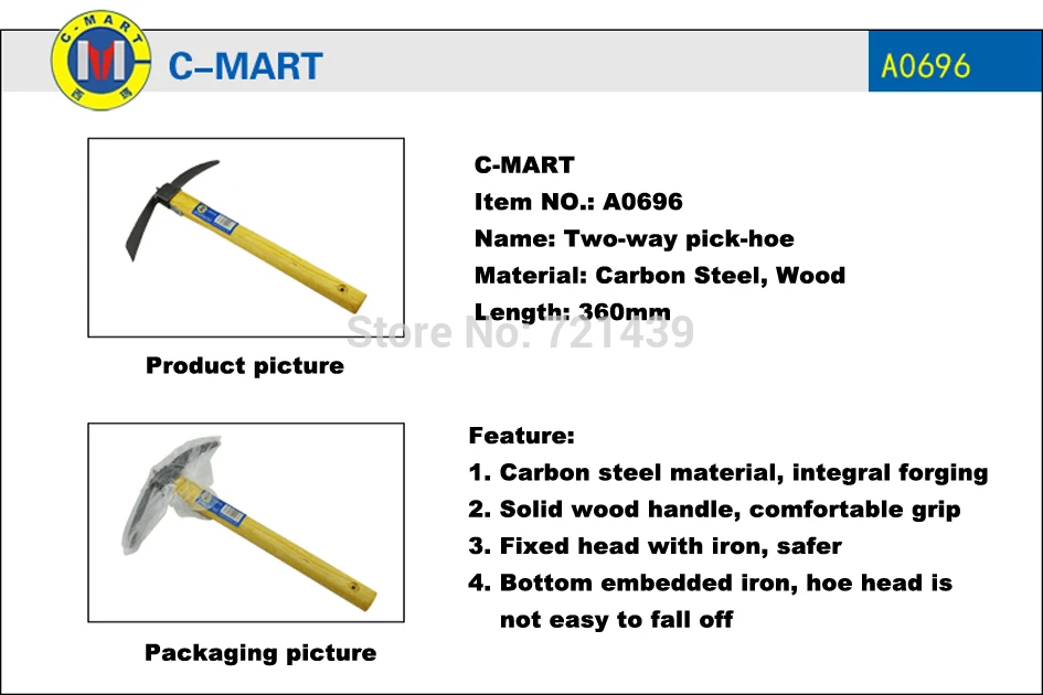 C-MART инструменты Tw-way pick-Hoe с углеродистой сталью и деревянной ручкой экскаватор ручной инструмент для дома, сада, сельского хозяйства A0969