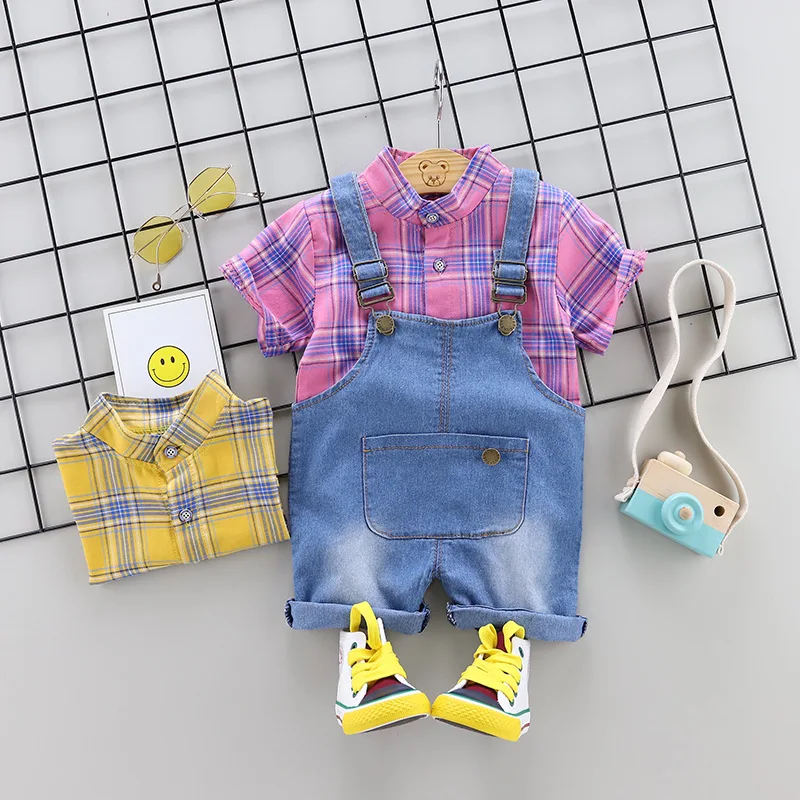  Children baby girl summer clothes Short Sleeve Plaid Shirt + Denim Overall Jeans For Girls