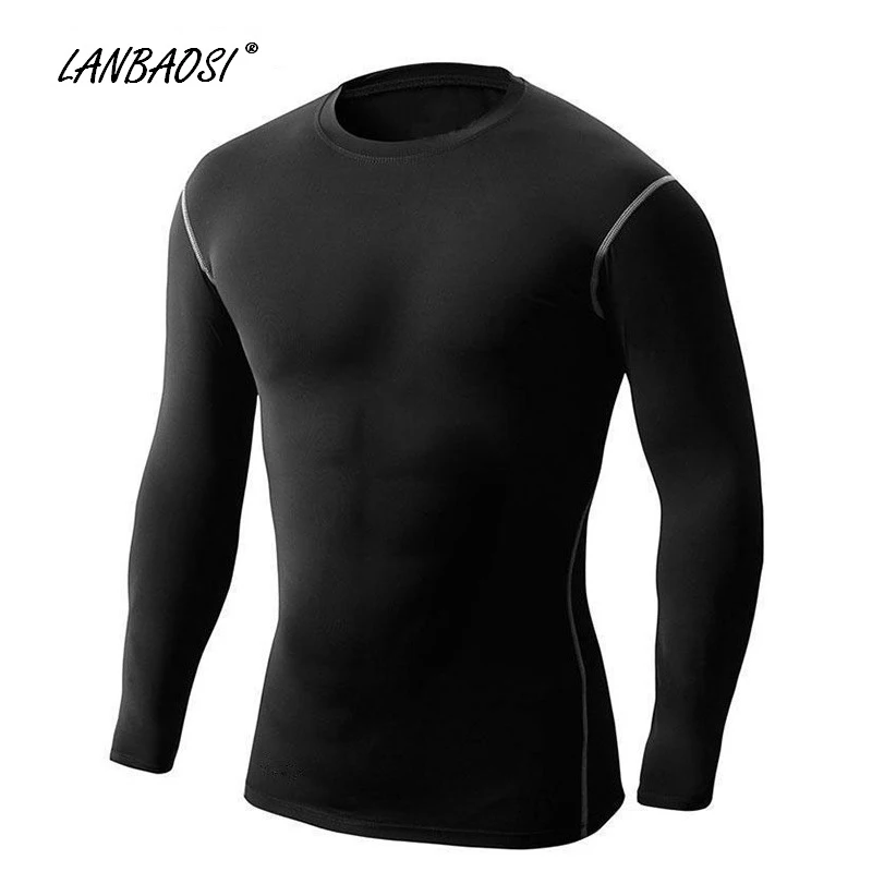 LANBAOSI, мужские рубашки, компрессионные, с длинным рукавом, базовый слой, для спортзала, тренировки, фитнеса, кроссфита, бега, велоспорта, спортивная одежда, топы