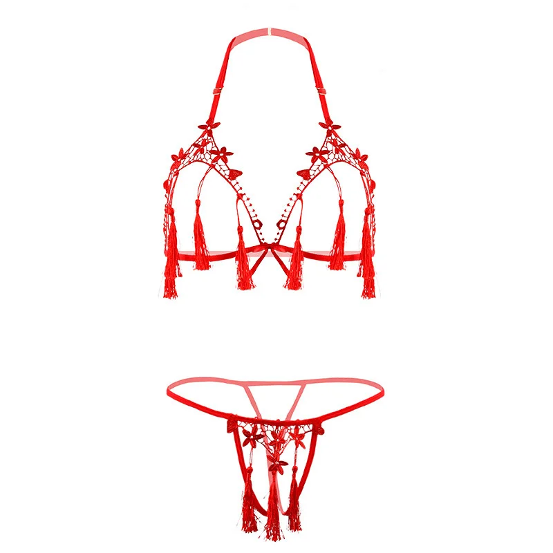 Женский сексуальный комплект с бюстгальтером, бюстгальтер без косточек, трусики без косточек, модное дамское нижнее белье с вышивкой и кисточками, белье с цветочным рисунком, комплект нижнего белья