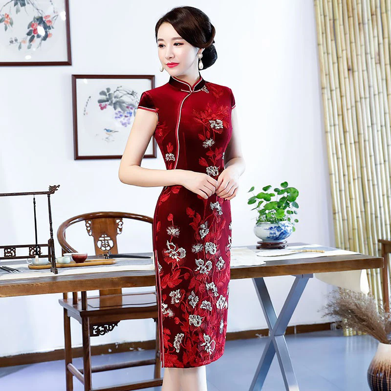 bourgogne 2018 Noble Qipao Mince Cheongsam Femmes Style Genou Velours Vintage Bouton Printemps Robes Partie Pourpre Sexy Longueur Robe Chinois rqqBwUI