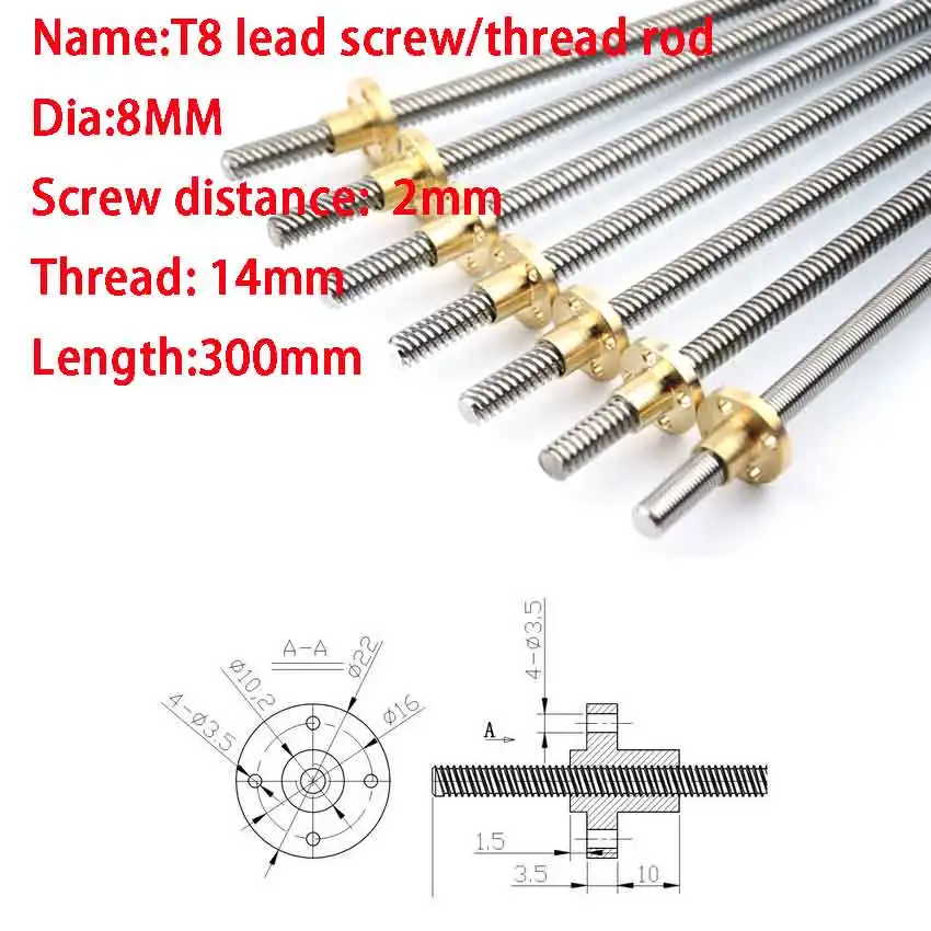 

Length 300mm Lead Screw Dia 8MM Screw distance 2mm Thread 14mm trapezoidal spindle screw with copper nut RepRap 3D Printer