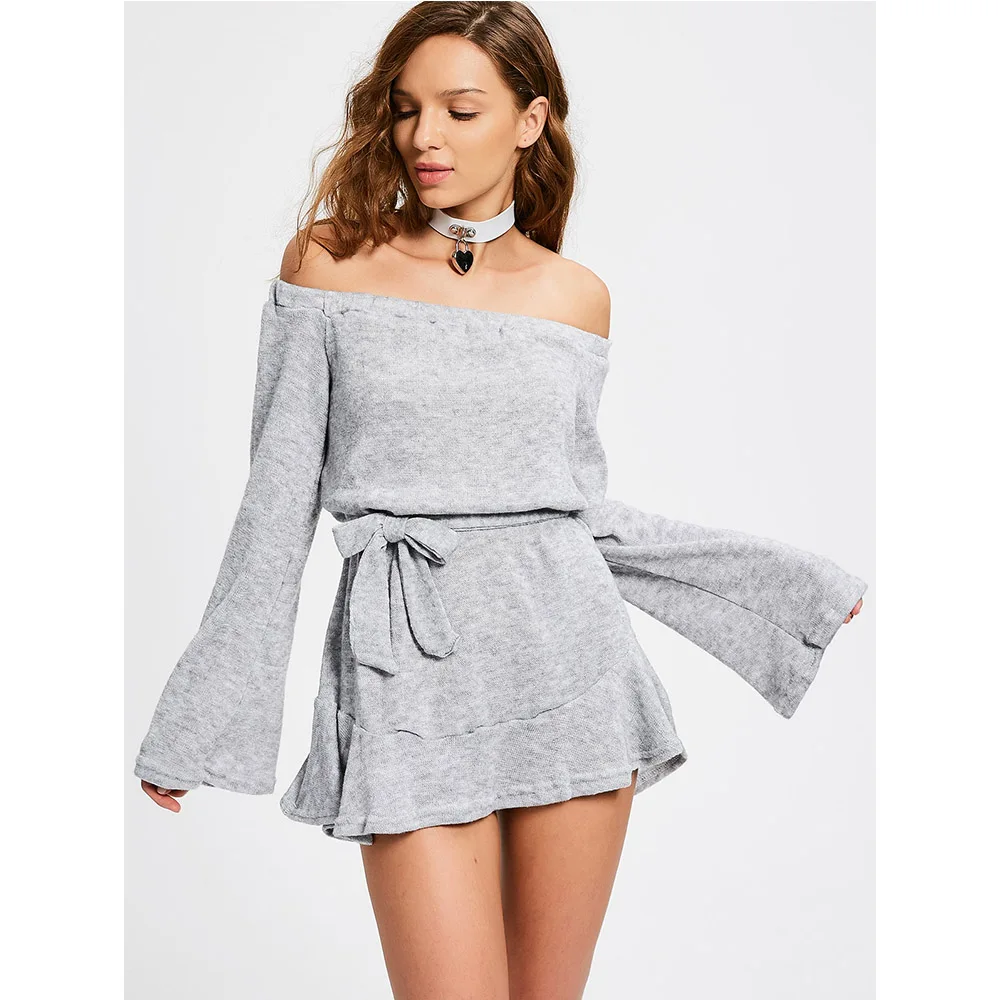VESTLINDA Off Shoulder Mini Gray Dress with Belt Slash Neck Long Sleeve Casual Dresses Women Fall 2017 Fashion Vestido De Festa 2