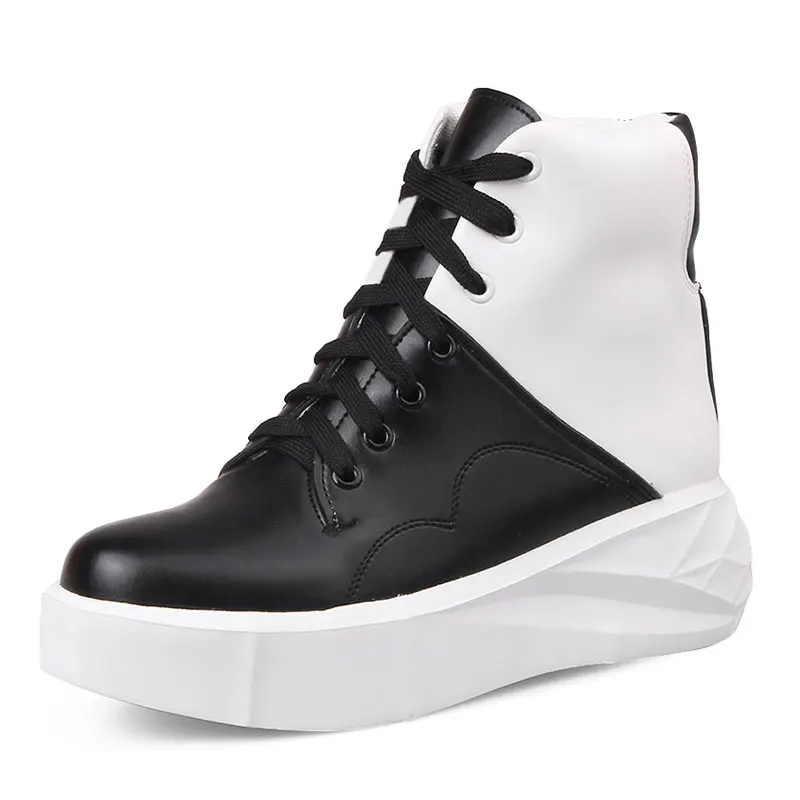 

new fashion hot leisure ankle boots for women lace-up flat with round toe platform black whitematching student shoes dxj173