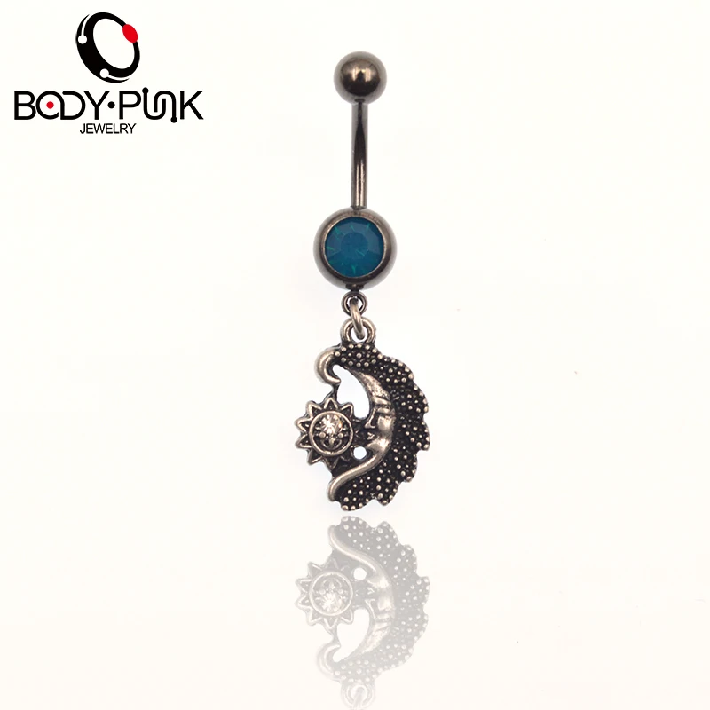 BODY PUNK Blue Moon Stainless Steel Body Piercing 1Pc Cubic Zirconia Navel Rings Dangle Belly Button NR 038 |