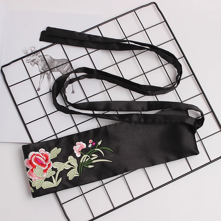 

vintage Flower Embroidered Women Belts Waist Band Sllk Felt Satin Fabric Self-tie Corset Belts Spring Summer Shirt Dress Belt