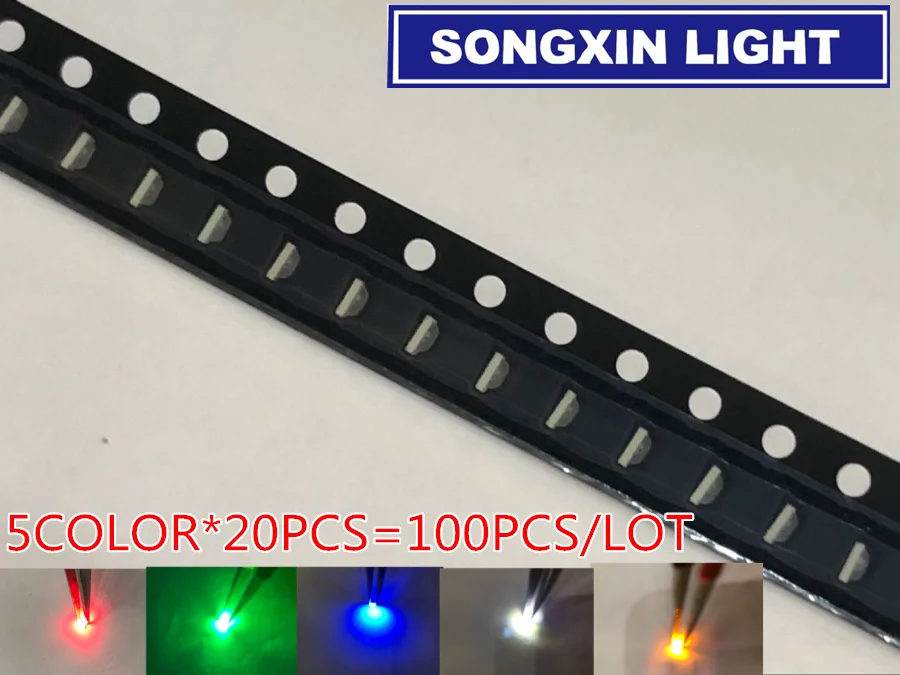 100 шт. (5 цветов x 20 шт.) Боковые SMD 0805 (0802 светодиодный белые красные зеленые желтые