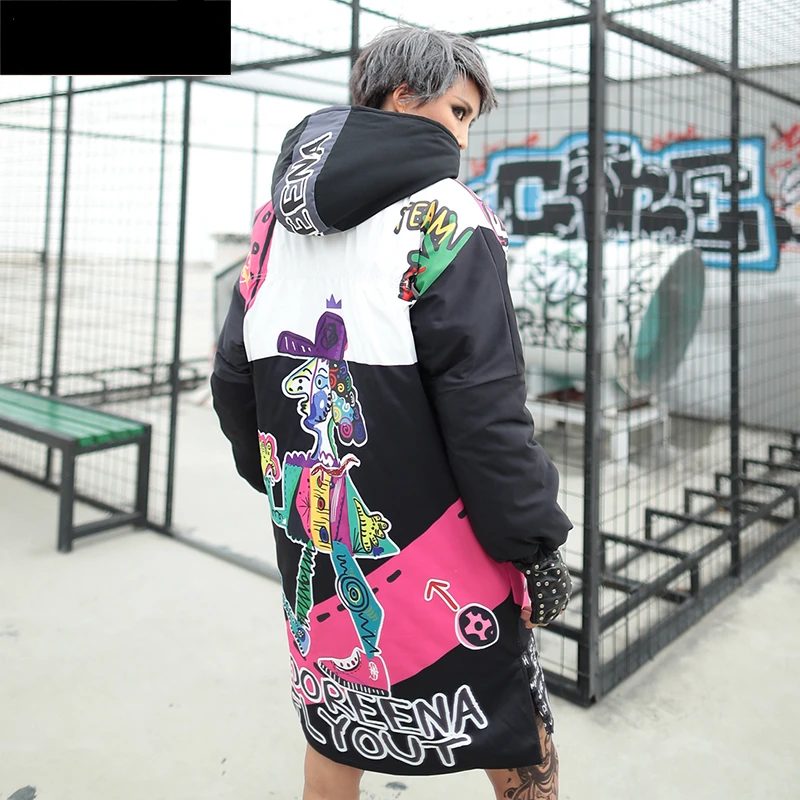 

Women Winter Hip Hop Street Style Jacket Thick Warm Cartoon Print Parkas Female Wadded Cotton Hooded Coat Harajuku Overcoat Y625