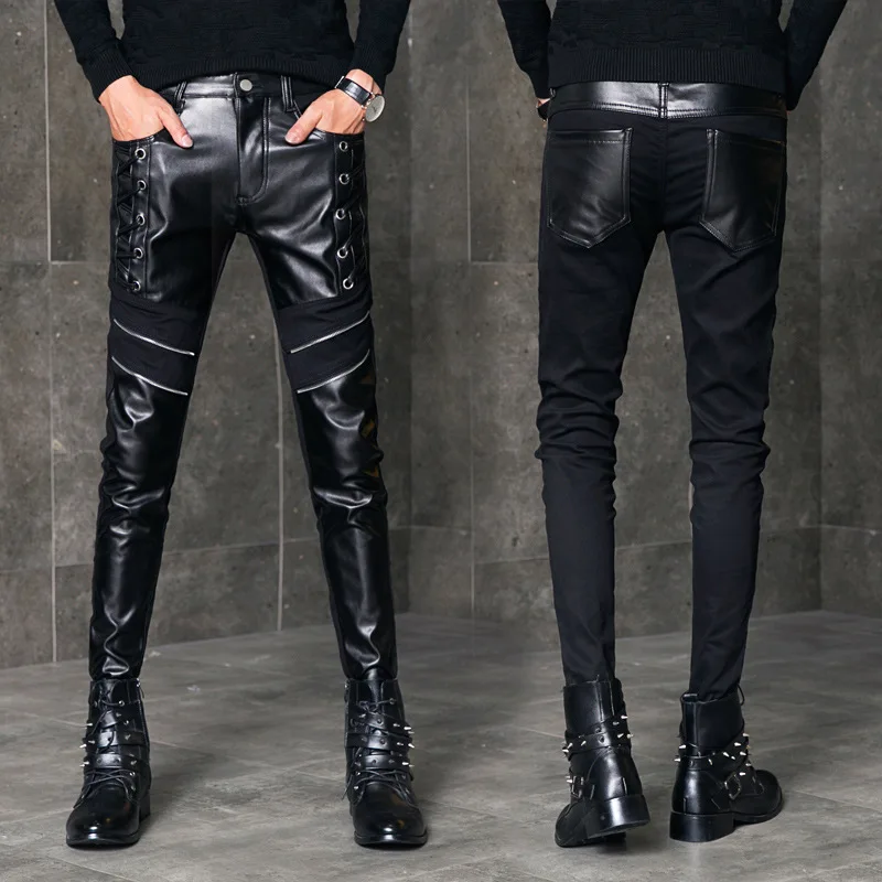 Idopy, новинка, мужские обтягивающие брюки из искусственной кожи, мотоциклетные черные облегающие байкерские кожаные брюки, готические брюки для мужчин