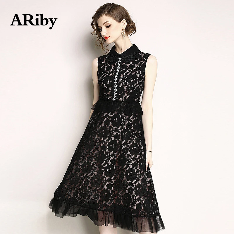 Women Dress Plus Size Summer Dress 2019 New Elegant Sleeveless Lace Black A-Line Print Mid-Calf Empire Turn-down Collar Dress