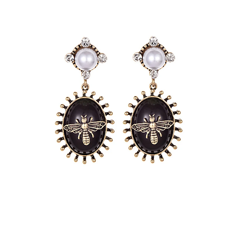 

2019 Bee crystal earrings party jewelry accessories cute pearl statement Vintage Black insect Resin Drop earrings for women