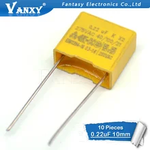 10 шт. 220nF конденсатор с алюминиевой крышкой, X2 конденсатор с алюминиевой крышкой, 275VAC шаг 275V 10 мм X2 полипропиленовый пленочный конденсатор с алюминиевой крышкой, 0,22 мкФ