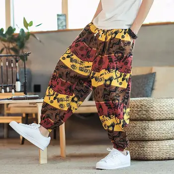 

10 Patterns Plus Size 5XL Linen Trousers Drop Crotch Loose Fit Streetwear Mens Workout Baggy Pants Hemp Drawstring Cross Pants