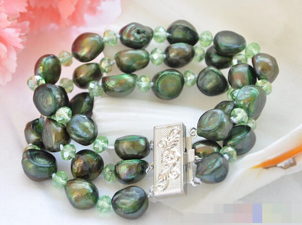 

09574 3row green baroque freshwater pearl faceted crystal bracelet