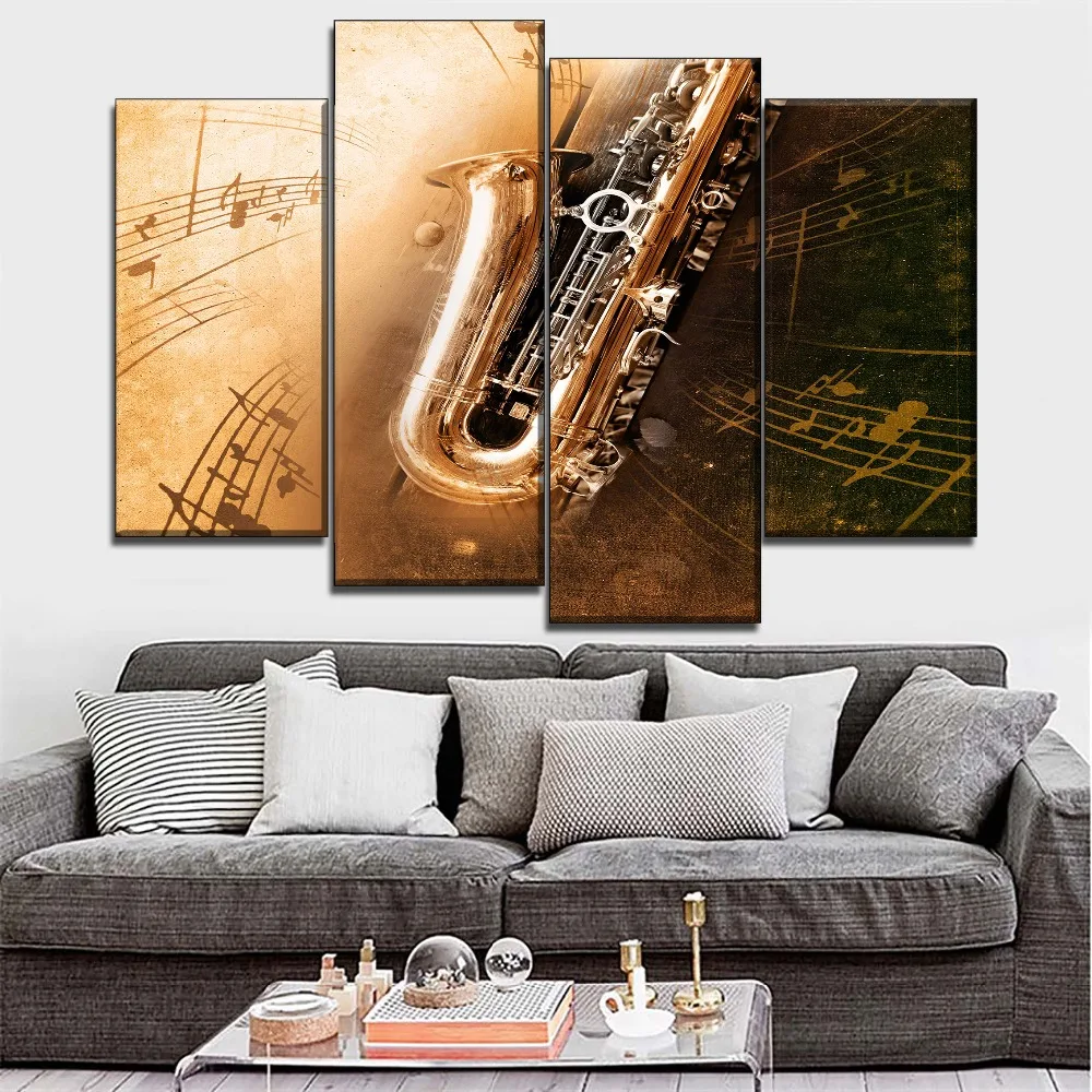 

One Set Framework Or Frameless Musical Instruments Painting Canvas Print Modular Art 4 Piece Saxophone Poster Home Wall Decor