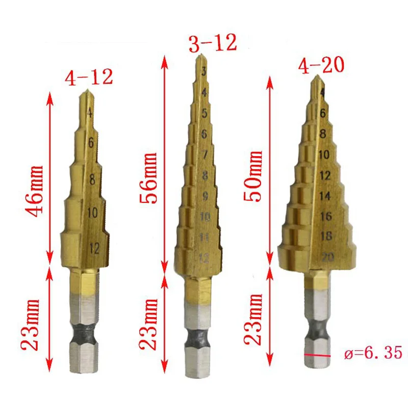 1 шт., 3-12/4-12-20 мм, ступенчатое конусное сверло, дырокол, инструмент Dint, шестигранный хвостовик, ступенчатое сверло, набор инструментов, шестигранное сверло с покрытием