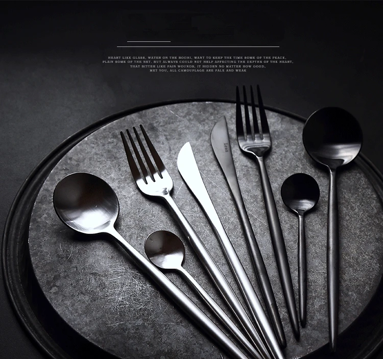 ANTOWALL Solid color brushed pure black color stainless steel western cutlery set dessert spoon coffee spoon steak knife fork