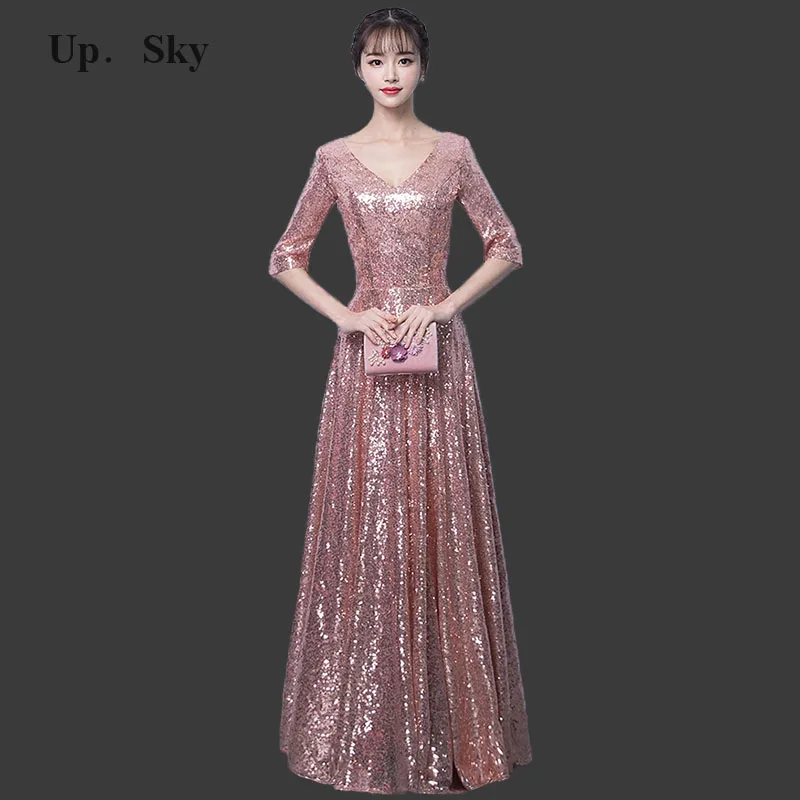 

2018 new V-neck long bright sequin bridesmaid dress sexy simple party dress wedding dress