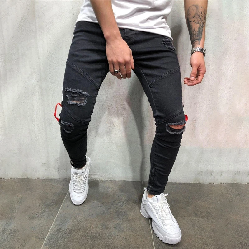 2019 Knee Hole Side Zipper Slim Distressed Jeans Men Ripped tore up streetwear For Men slim 3