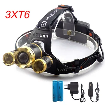 

high power T6 x3 LED Headlamp Zoomable Focus Frontale Head Lamp Flashlight Torch Headlight Car AC Home charger 18650 battery