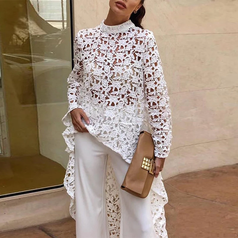 

2019 Spring Autumn Women Lace Hollow Out Shirt Long Sleeve Irregular Tops Blouse Loose flora printed Minimalism Blouse Tops