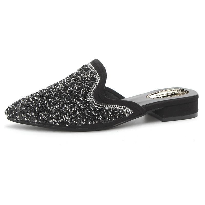 Aphixta/женские шлепанцы; женские босоножки из расшитой блестками ткани с кристаллами; блестящие лоферы с острым носком на квадратном каблуке; Летняя женская обувь - Цвет: Black-Sequins