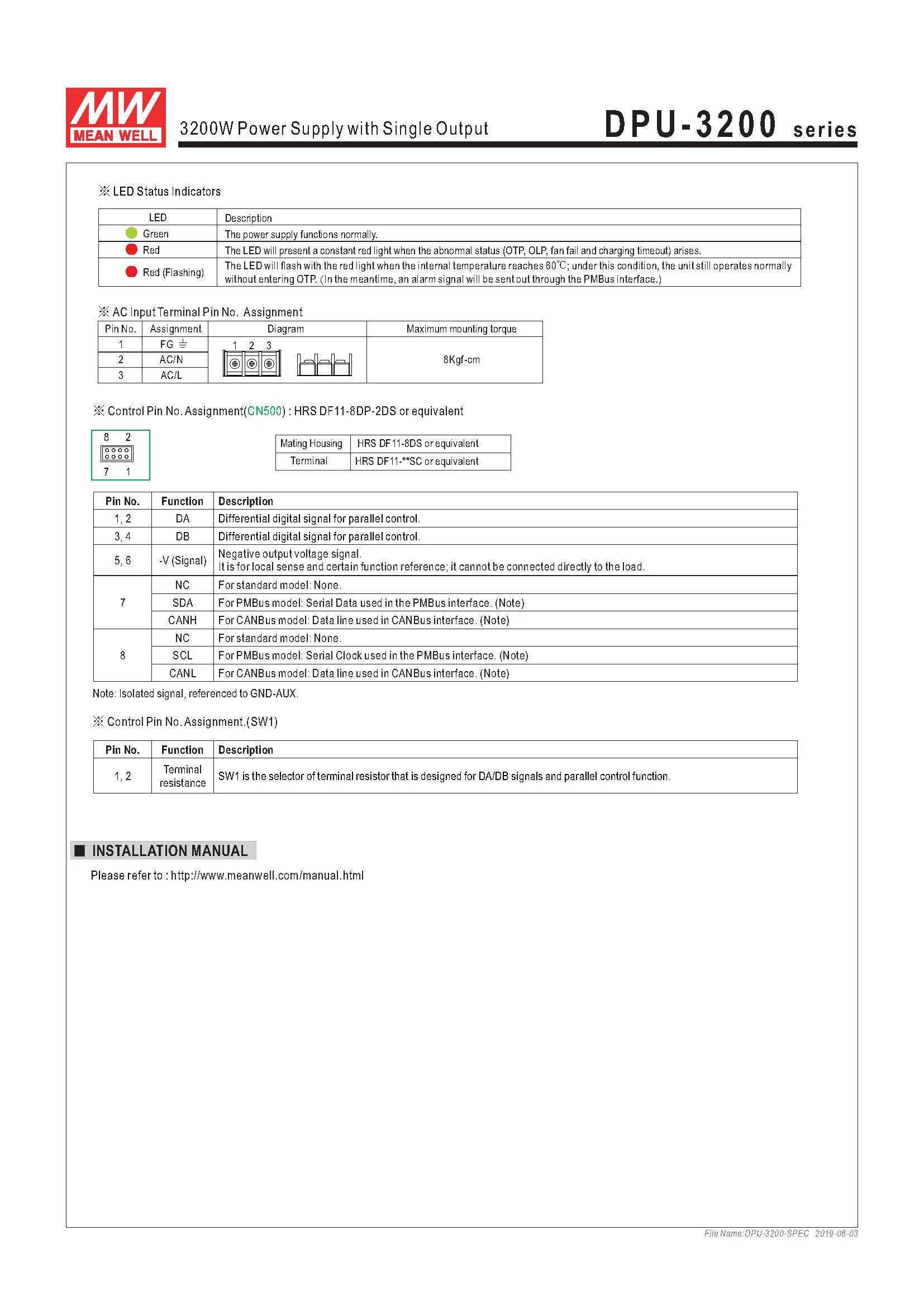 MEANWELL DPU-3200-48 48V 67A 3216W 3200w источник питания с одним выходом Встроенный активный PFC Функция