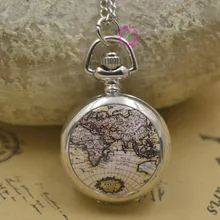 Новое серебряное классическое модное женское ожерелье с эмалью карманные часы коричневый глобус Карта мира с цепочкой цена покупателя хорошее качество