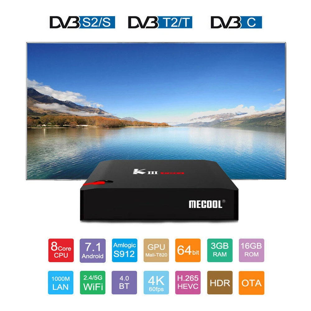 Smart TV Box Android7.1 MECOOL KIII Pro DVB S2 T2 C Декодер 3 Гб 16 BT4.0 Amlogic S912 Восьмиядерный 64 бит 4K HD