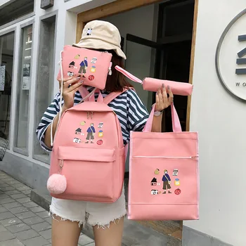 

4Pcs Canvas Women Backpack Cartoon Student Book Bag Cute Fur Ball School Bag Bagpack For Teenager Girls Small Crossbody Set Bags