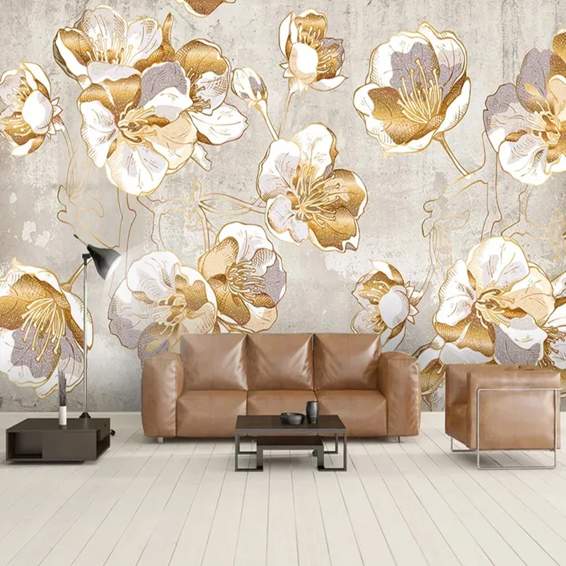 

European Style Hand Painted Flowers Photo Wallpaper 3D Golden Retro Floral Mural Living Room TV Sofa Home Decor Papel De Parede