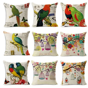 

Home Decorative Pillows fine Linen Cotton Cushion 45x45cm pillowcase vintage parrot cute owls bird printed seat couch pillow 18"