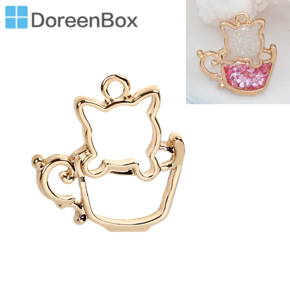 

Doreen Box Handmake Zinc Based Alloy Open Back Bezel Gold Color Cat in Cup Animal Pendants For DIY Resin Drop 25x24mm, 1 Piece