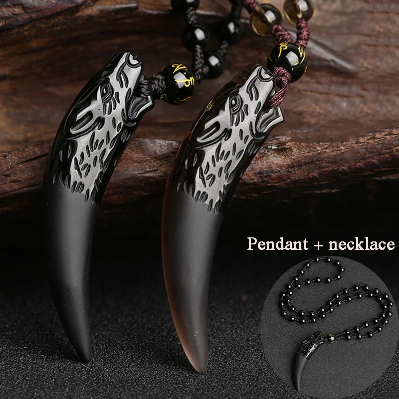 

2019 Natural Stone Black And Ice Obsidian Pendant Necklace Wolf Tooth Amulets And Talismans Couple Necklace For Women And Mens