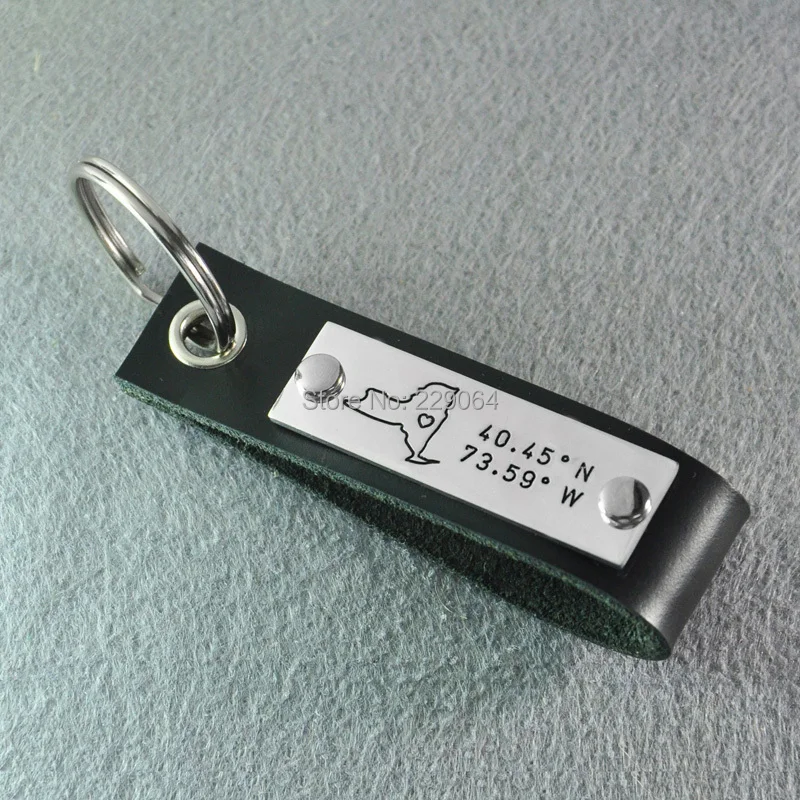 

Personalized map key chain, New York map leather key chain, custom longitude and latitude, coordinate key chain, Men's jewelry