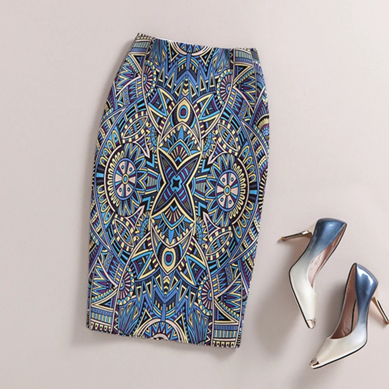 

Summer Women Elegant Baroque Geometric Pattern Print High Waist Tight One Step Skinny Pencil Skirt Office urban Lady Wear Bottom