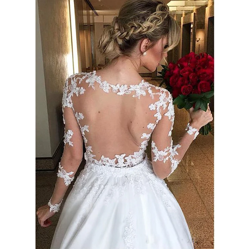 Свадебное платье трапециевидной формы из двух частей с длинными рукавами и кружевной аппликацией, платье для невесты на спине vestido de noiva