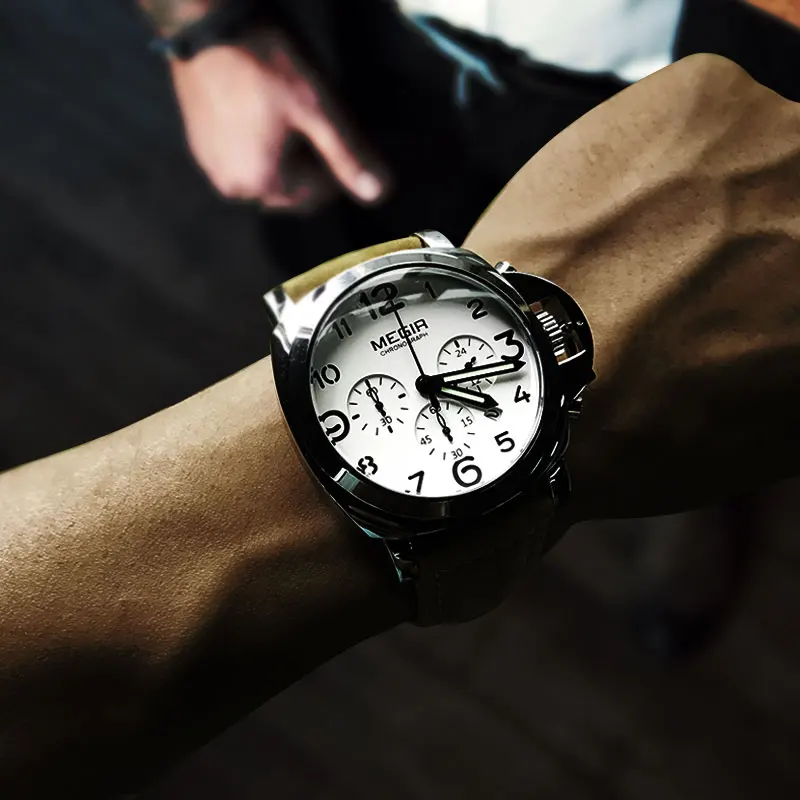  Megir Men's Chronograph Luminous Quartz Watches with Calendar Date Round Analog Military Leather St