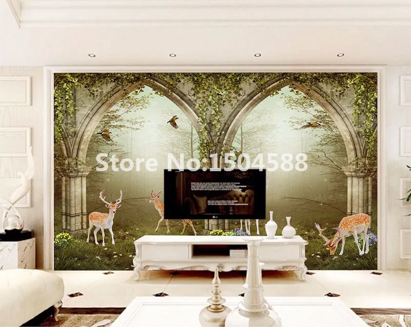 Европейский цветок лоза двери лес в тумане олень фотообои для гостиной ТВ диван фон стены нетканый размер обои на заказ