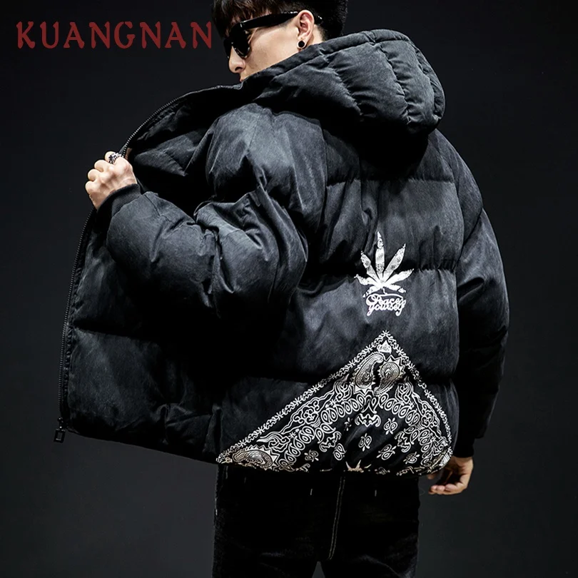 

KUANGNAN Japan Style Couple Hooded Winter Jacket Men Parka Print Warm Coat Mens Jackets Coats 5XL Parka Men Clothes 2018 New