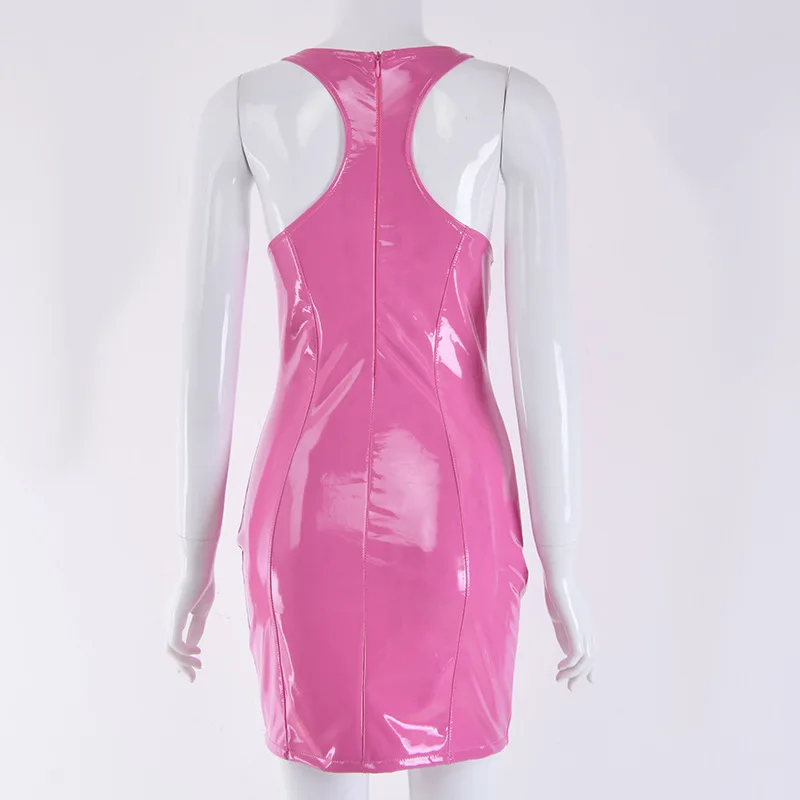 Beyprern блестящее платье из искусственной кожи женское неоновое розовое облегающее платье на бретелях модное облегающее платье с молнией сзади из ПВХ латекса ночные платья