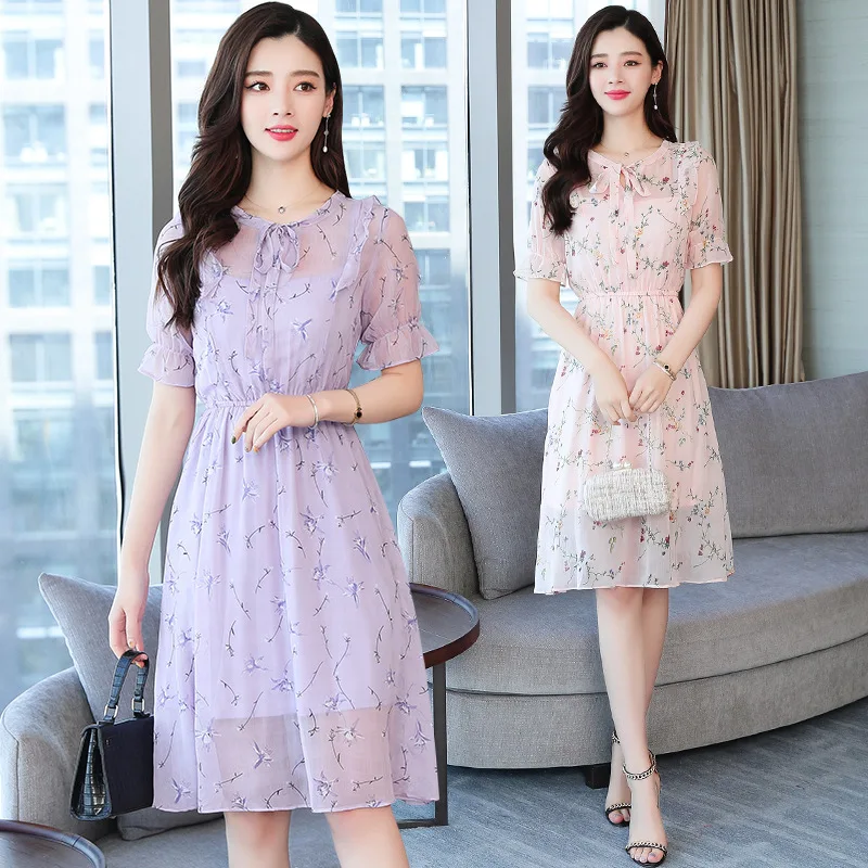 

Summer Fashion Women Korean Type O Collar Short Sleeve Leisure Bohemian Chiffon Dress