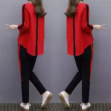 בתוספת גודל גדול L-4XL תלבושת אימונית ספורט שיתוף-ord סט לנשים 2019 למעלה ומכנסיים ראפלס פסים בגדים(China)