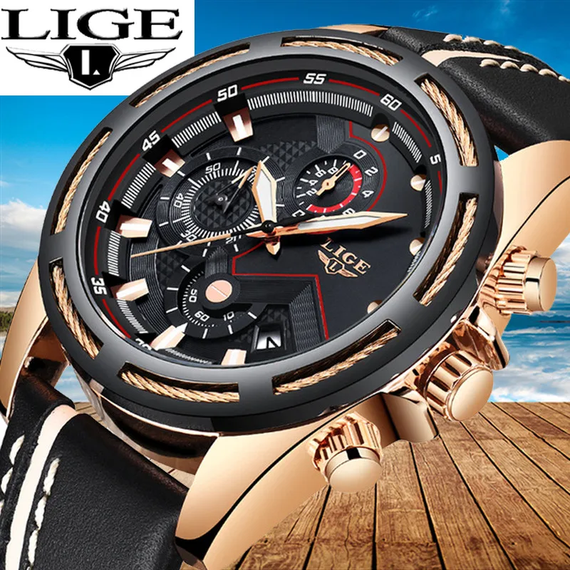 

LIGE Quartz Watch Waterproof Sport Style Luxury Mens Watches Top Brand Leather Strap Chronograph Calendar date relogio masculino