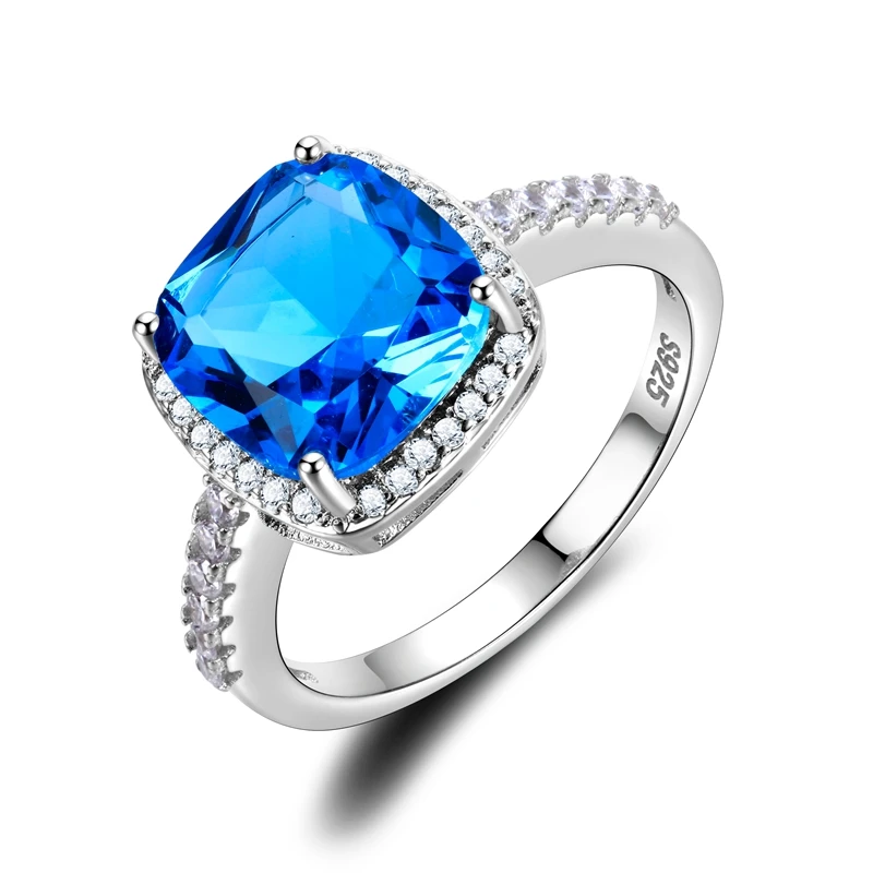 

S925 Silver Ring AAAAA Lake Blue Square Zircon Ring Wedding Jewelry Party Cute Korean Valentine's Day Gift