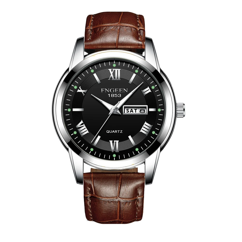 Роскошные брендовые кварцевые деловые мужские часы с календарем, водонепроницаемые часы из нержавеющей стали, светящиеся наручные часы, мужские часы - Цвет: leather black