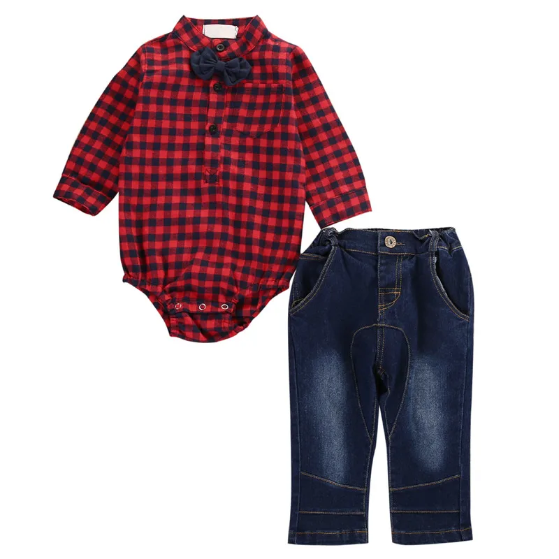 Зимняя одежда для маленьких мальчиков рубашка ползунки+ повседневные штаны в полоску В красную клетку с бантом для маленьких мальчиков Мода новорожденных Одежда для продажи дешевые - Цвет: Красный
