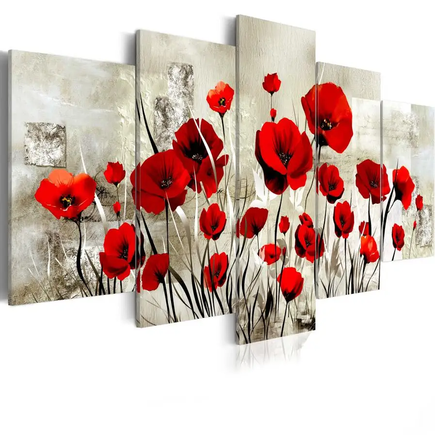 Kaufen 5 teile satz Rot Pruple Mohn Blume Kunstdruck Rahmenlose Leinwand Malerei Wand Bild Home Dekoration, wählen Farbe Und Größe Keine Rahmen