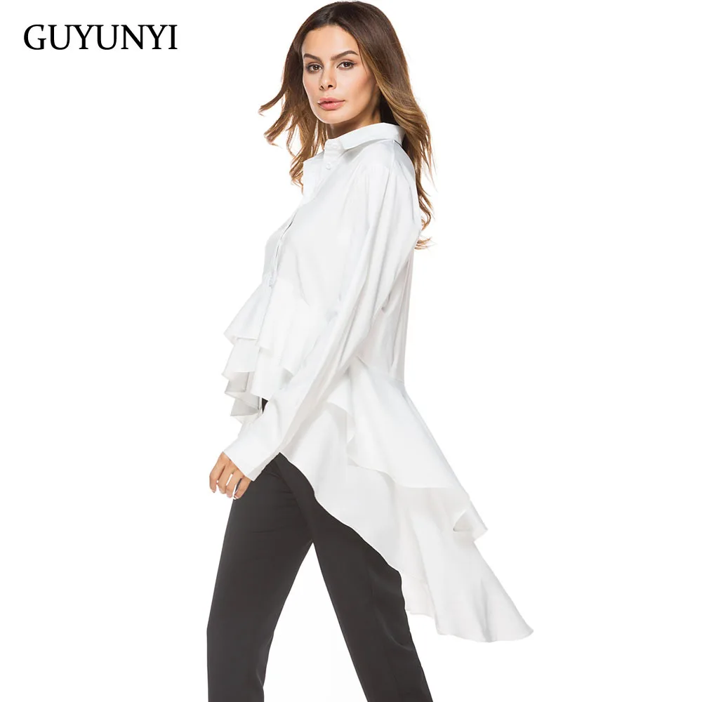 

GUYUNYI Irregular White Shirt Stacked Ruffles 2018 New Spring Shirt Tail Fish Casual Clothing Y189