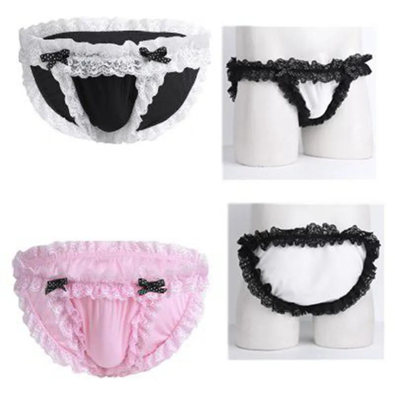FREEBILY Elegant Men Lingerie Sissy Maid Floral Lace Soft Bikini Briefs Sexy Male Underwear Cute Gay Underwear Homme Underpants